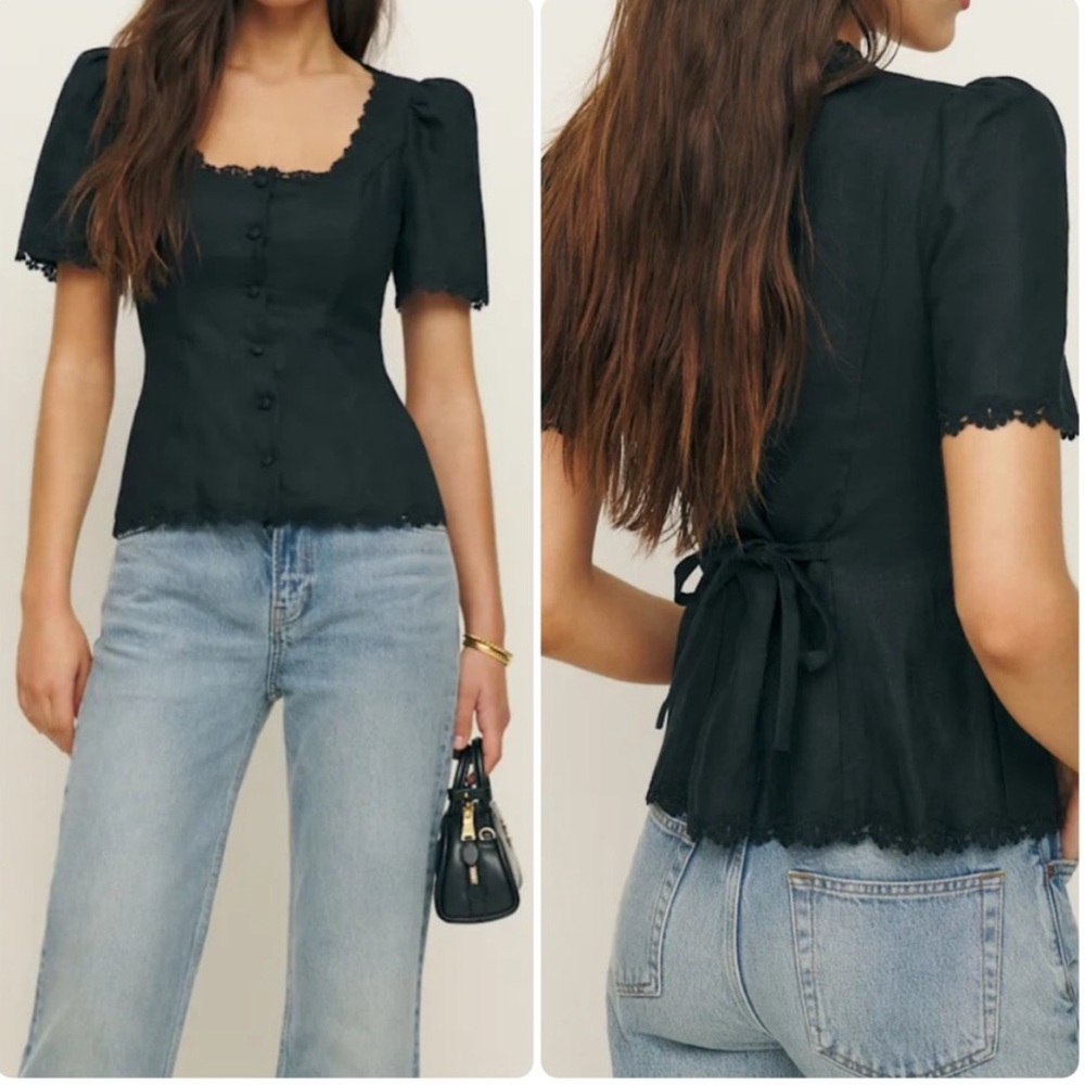 Reformation Elegant Black Lace-Trim Blouse